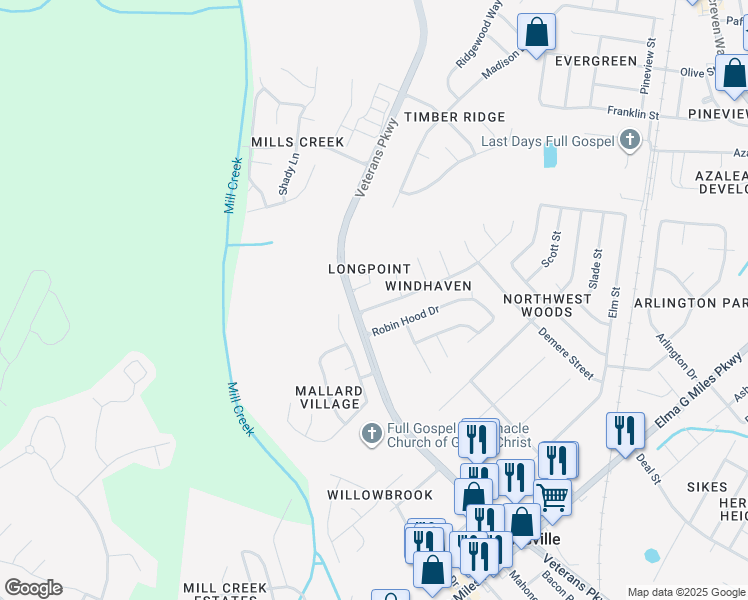 map of restaurants, bars, coffee shops, grocery stores, and more near 604 Windhaven Drive in Hinesville