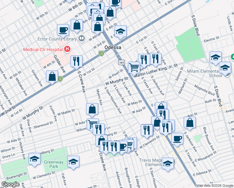 map of restaurants, bars, coffee shops, grocery stores, and more near 301-347 W Olive St in Odessa