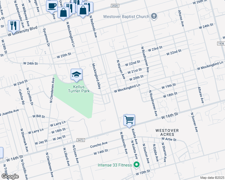 map of restaurants, bars, coffee shops, grocery stores, and more near 1900-1998 N Redondo Ave in Odessa