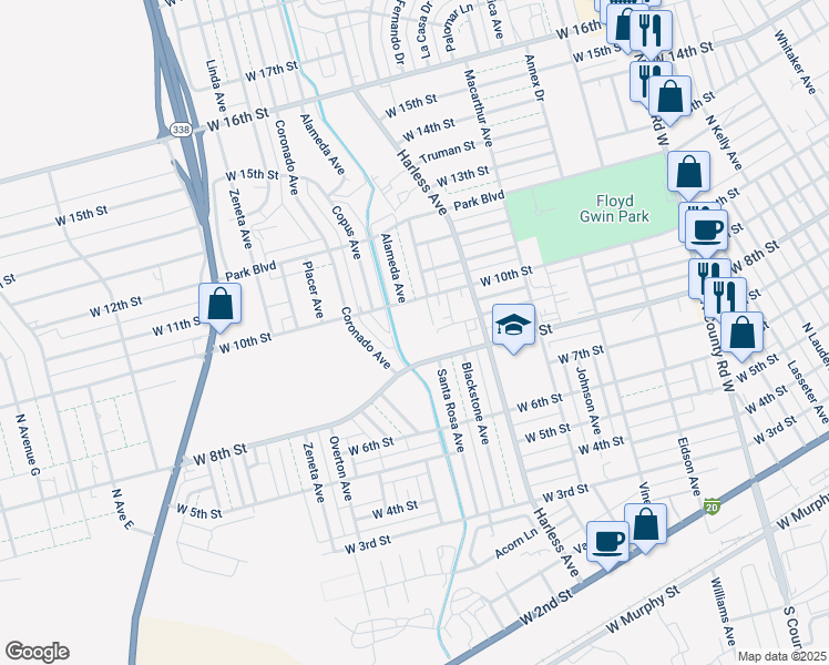 map of restaurants, bars, coffee shops, grocery stores, and more near 2550 West 8th Street in Odessa