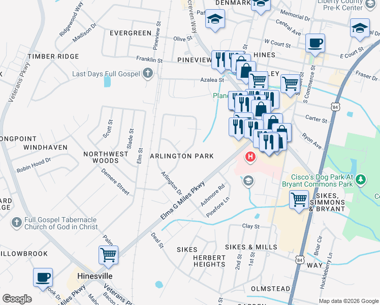 map of restaurants, bars, coffee shops, grocery stores, and more near 517 Wellington Way in Hinesville