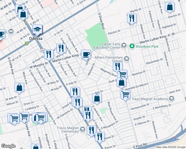 map of restaurants, bars, coffee shops, grocery stores, and more near 401 Marland Street in Odessa