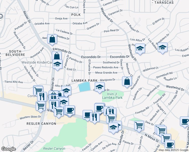 map of restaurants, bars, coffee shops, grocery stores, and more near 6735 Mariposa Drive in El Paso