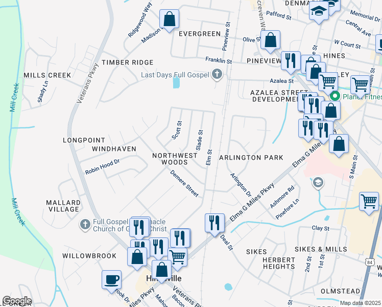 map of restaurants, bars, coffee shops, grocery stores, and more near 614 Slade Street in Hinesville