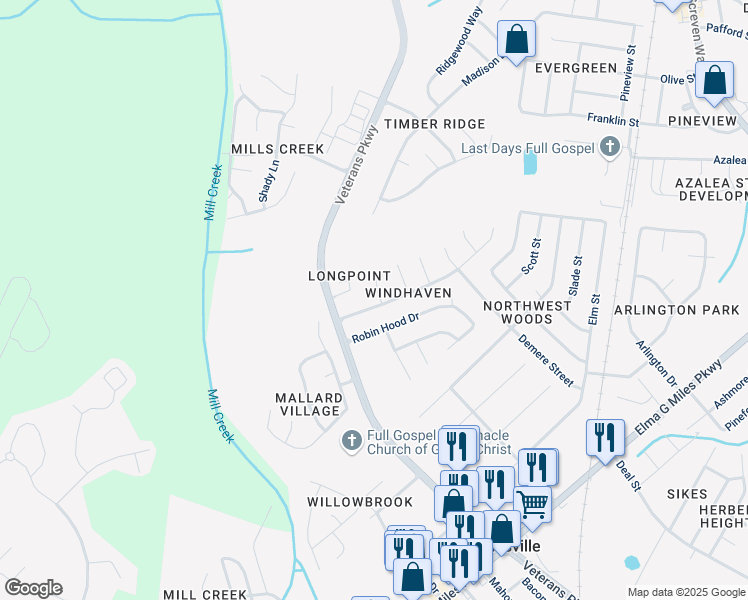 map of restaurants, bars, coffee shops, grocery stores, and more near 608 Windhaven Drive in Hinesville