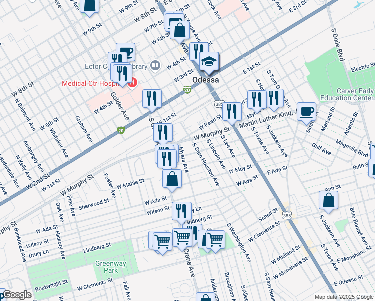 map of restaurants, bars, coffee shops, grocery stores, and more near 412 West Olive Street in Odessa