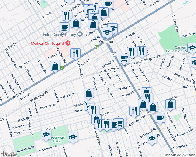 map of restaurants, bars, coffee shops, grocery stores, and more near 412 West Olive Street in Odessa