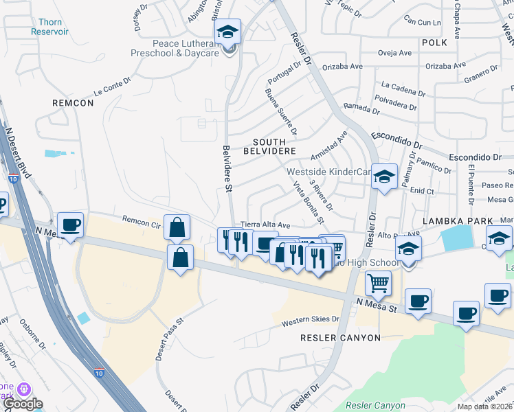 map of restaurants, bars, coffee shops, grocery stores, and more near 7300 Clemente Avenue in El Paso