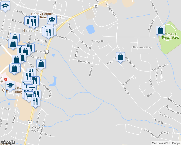 map of restaurants, bars, coffee shops, grocery stores, and more near 509 Myrtle Lane in Hinesville