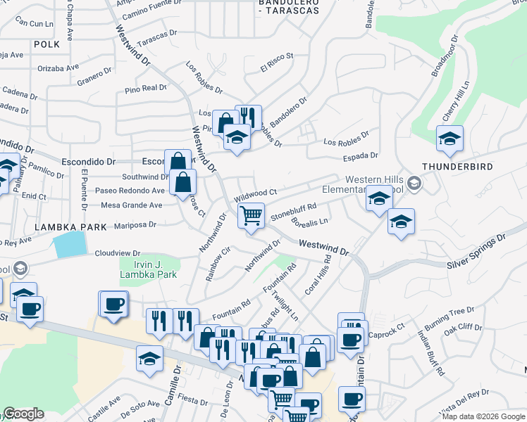 map of restaurants, bars, coffee shops, grocery stores, and more near 6408 Snowheights Court in El Paso