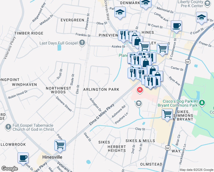 map of restaurants, bars, coffee shops, grocery stores, and more near 519 Wellington Way in Hinesville