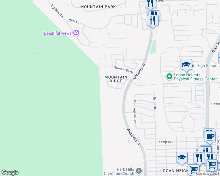 map of restaurants, bars, coffee shops, grocery stores, and more near 6736 Ridge Top Drive in El Paso
