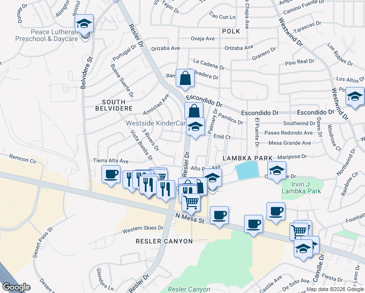 map of restaurants, bars, coffee shops, grocery stores, and more near 225 North Resler Drive in El Paso