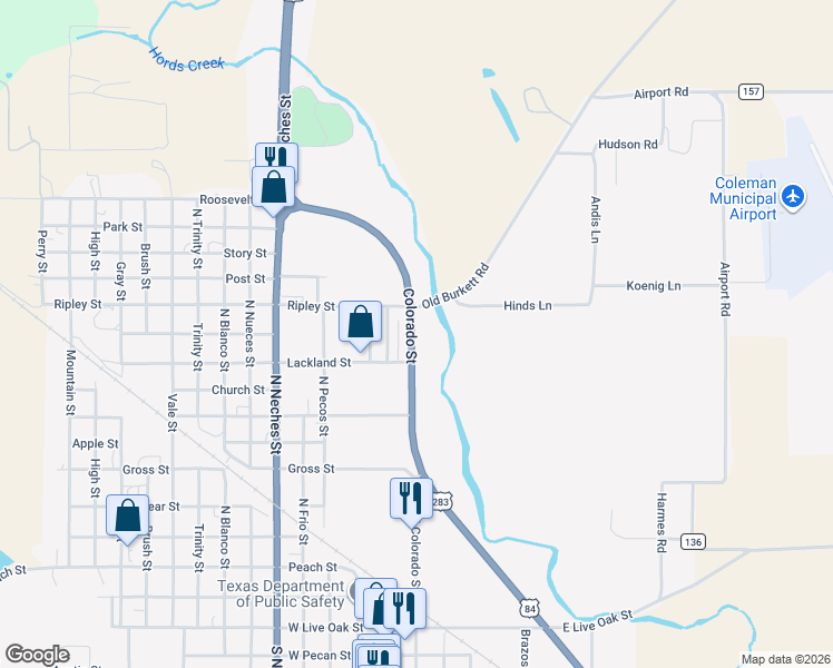 map of restaurants, bars, coffee shops, grocery stores, and more near 102 Lackland Street in Coleman