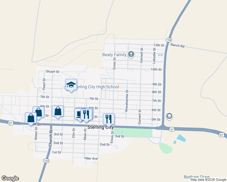 map of restaurants, bars, coffee shops, grocery stores, and more near Ennis Street in Sterling City