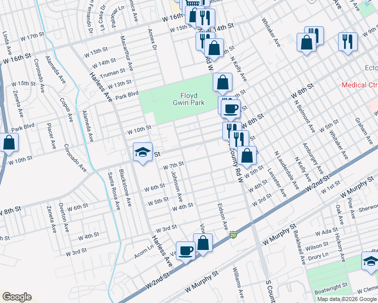 map of restaurants, bars, coffee shops, grocery stores, and more near 2119 West 8th Street in Odessa