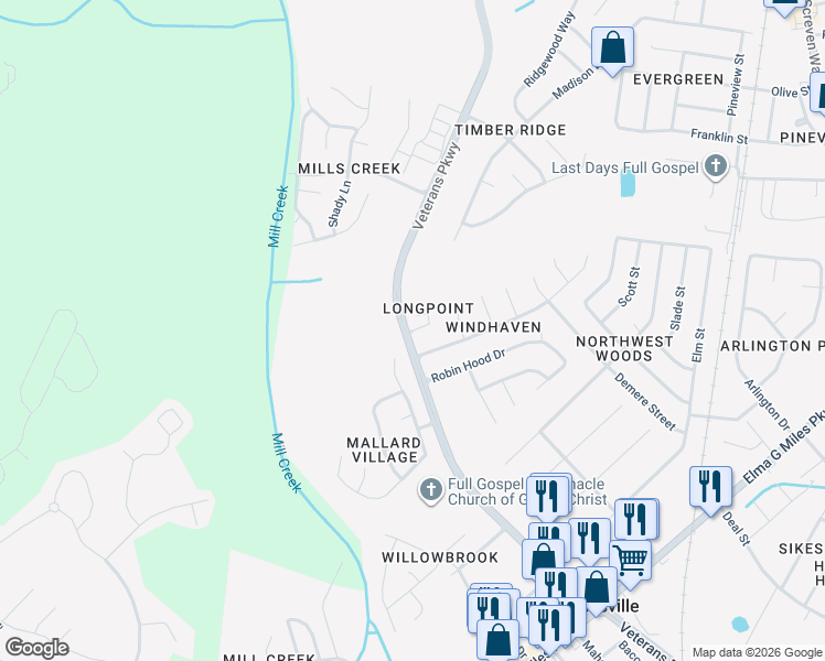 map of restaurants, bars, coffee shops, grocery stores, and more near 711 Charlotte Court in Hinesville