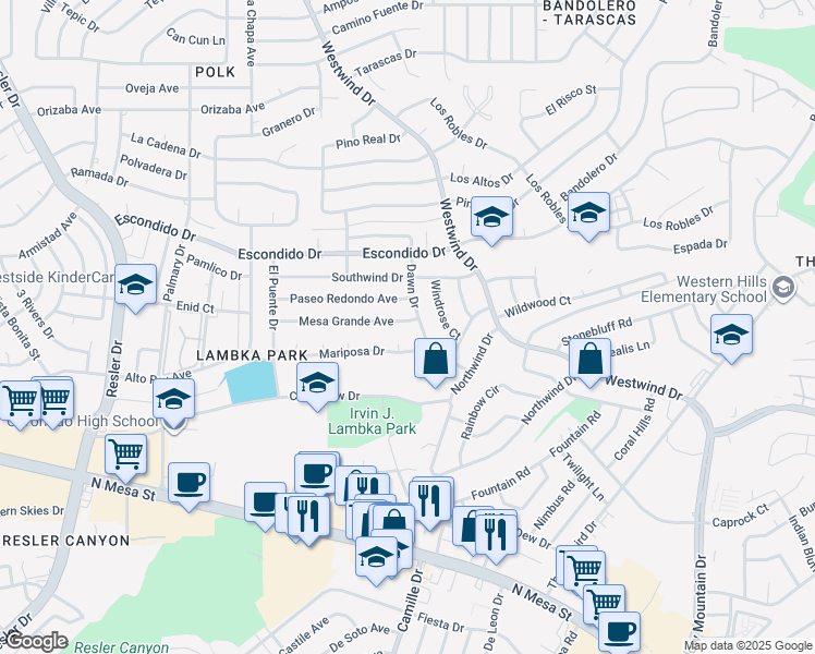 map of restaurants, bars, coffee shops, grocery stores, and more near 6604 Mesa Grande Avenue in El Paso
