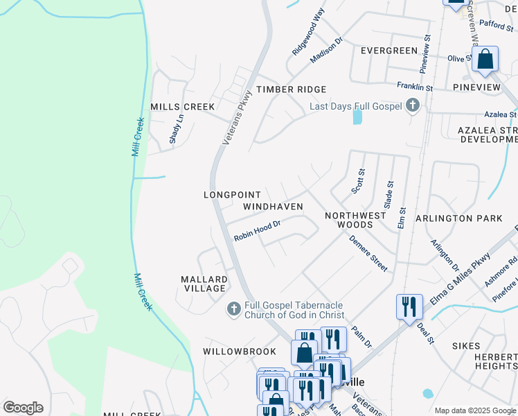 map of restaurants, bars, coffee shops, grocery stores, and more near 608 Windhaven Drive in Hinesville