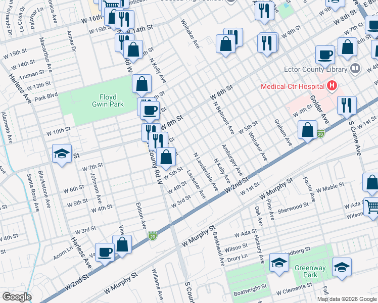 map of restaurants, bars, coffee shops, grocery stores, and more near 501 North Lauderdale Avenue in Odessa