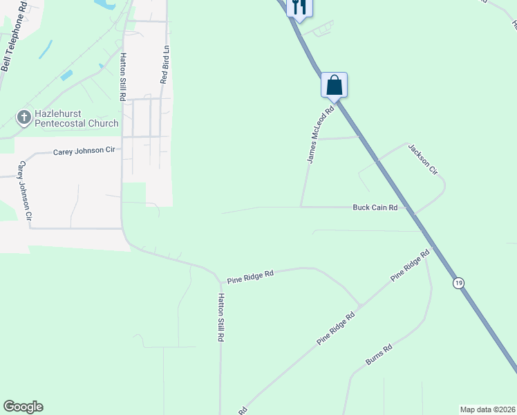 map of restaurants, bars, coffee shops, grocery stores, and more near McCloud Road in Hazlehurst