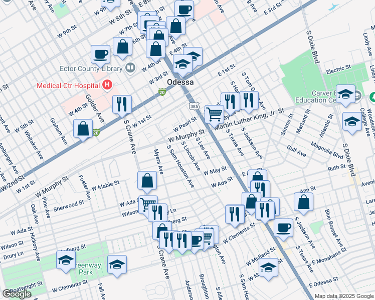 map of restaurants, bars, coffee shops, grocery stores, and more near 301 West Olive Street in Odessa