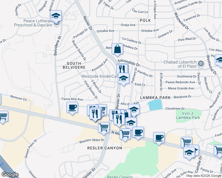 map of restaurants, bars, coffee shops, grocery stores, and more near 225 North Resler Drive in El Paso