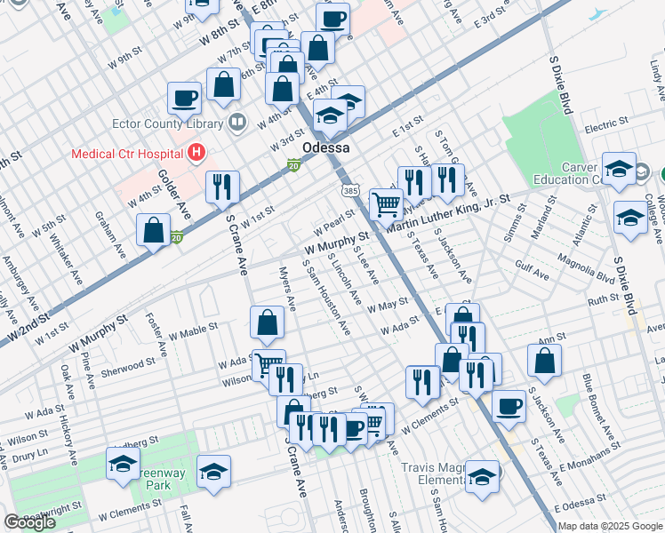 map of restaurants, bars, coffee shops, grocery stores, and more near 301-347 W Olive St in Odessa