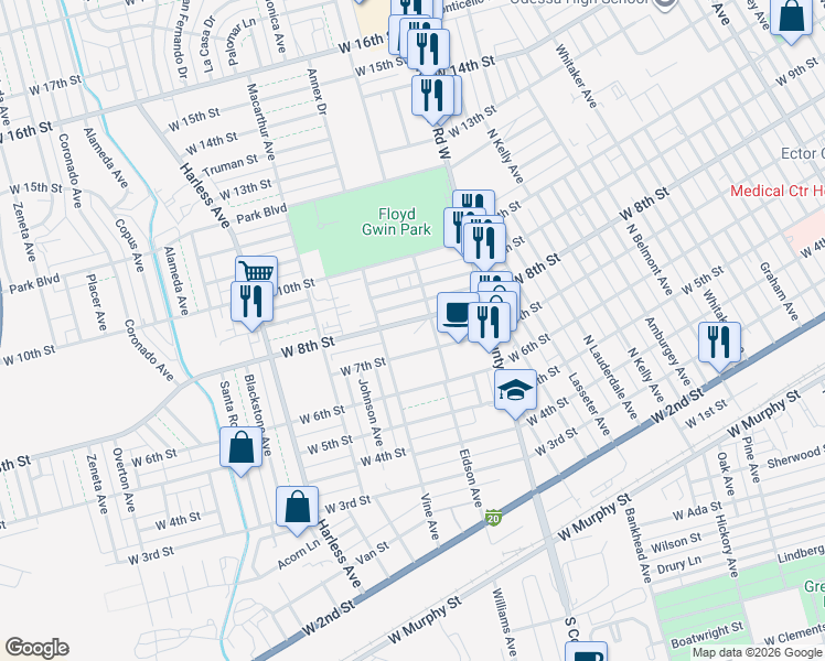 map of restaurants, bars, coffee shops, grocery stores, and more near 2119 West 8th Street in Odessa