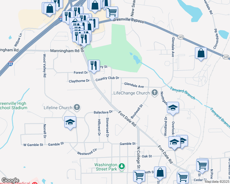 map of restaurants, bars, coffee shops, grocery stores, and more near 103 Redbud Lane in Greenville