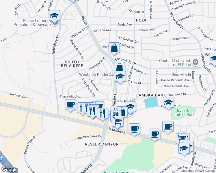 map of restaurants, bars, coffee shops, grocery stores, and more near 225 North Resler Drive in El Paso