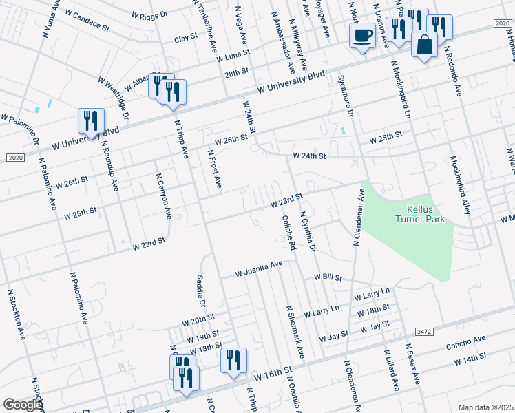 map of restaurants, bars, coffee shops, grocery stores, and more near 2304 North Clovis Avenue in Odessa