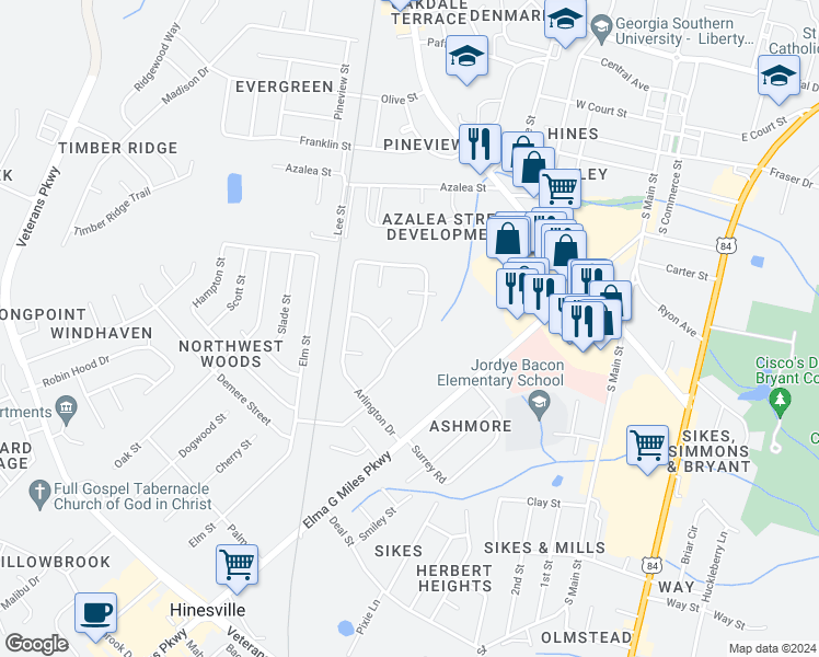 map of restaurants, bars, coffee shops, grocery stores, and more near 516 Wellington Way in Hinesville