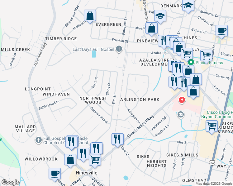 map of restaurants, bars, coffee shops, grocery stores, and more near 473 Elm Street in Hinesville