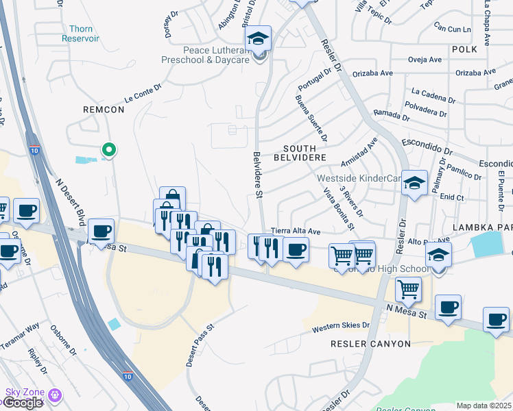 map of restaurants, bars, coffee shops, grocery stores, and more near 219 Belvidere Street in El Paso