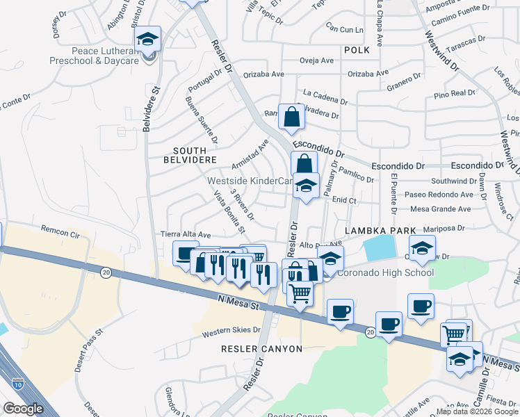 map of restaurants, bars, coffee shops, grocery stores, and more near 208 Rio Tinto Drive in El Paso