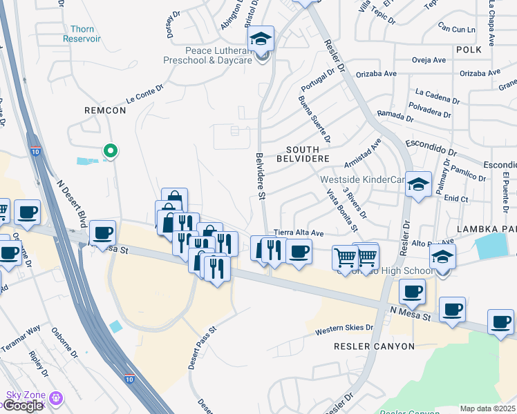 map of restaurants, bars, coffee shops, grocery stores, and more near 219 Belvidere Street in El Paso
