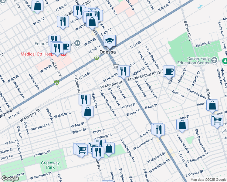 map of restaurants, bars, coffee shops, grocery stores, and more near 301-347 W Olive St in Odessa