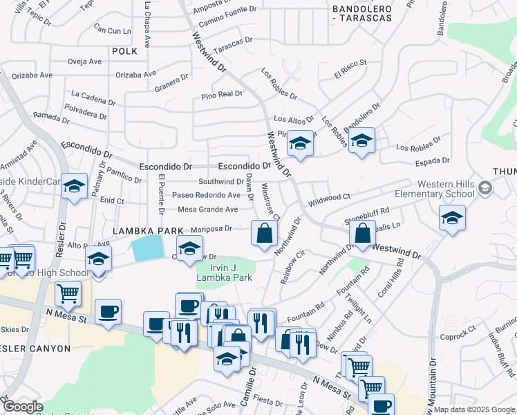 map of restaurants, bars, coffee shops, grocery stores, and more near 6604 Mesa Grande Avenue in El Paso