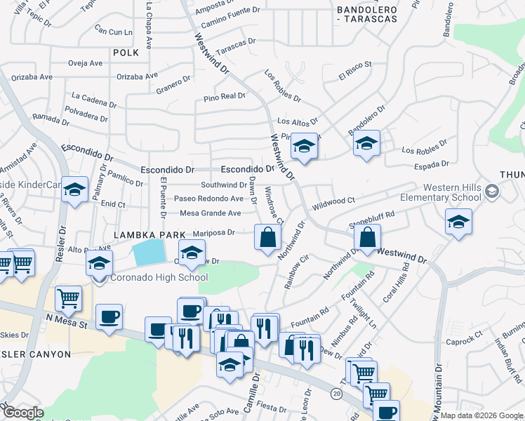 map of restaurants, bars, coffee shops, grocery stores, and more near 6604 Mesa Grande Avenue in El Paso