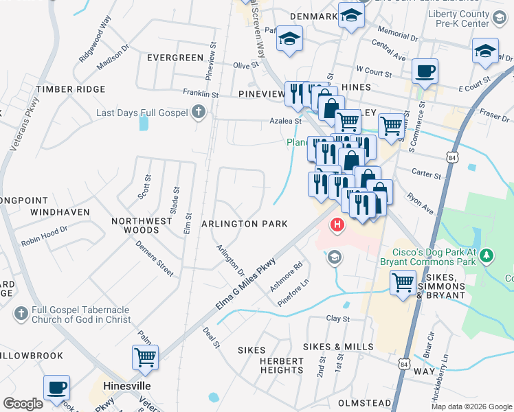 map of restaurants, bars, coffee shops, grocery stores, and more near 517 Wellington Way in Hinesville