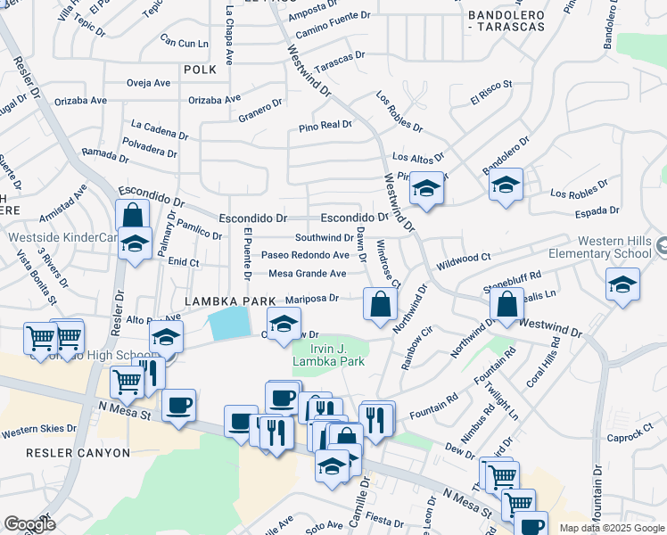 map of restaurants, bars, coffee shops, grocery stores, and more near 6633 Mariposa Drive in El Paso