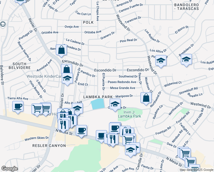 map of restaurants, bars, coffee shops, grocery stores, and more near 6735 Mariposa Drive in El Paso