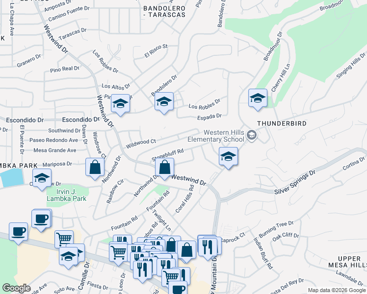 map of restaurants, bars, coffee shops, grocery stores, and more near 444 Stonebluff Road in El Paso
