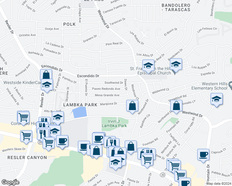 map of restaurants, bars, coffee shops, grocery stores, and more near 6633 Mariposa Drive in El Paso