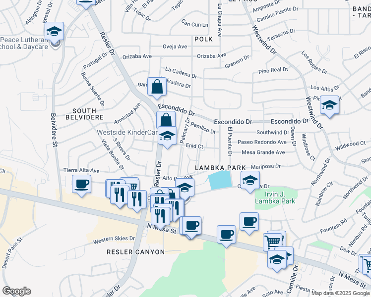 map of restaurants, bars, coffee shops, grocery stores, and more near 6938 Alto Rey Avenue in El Paso