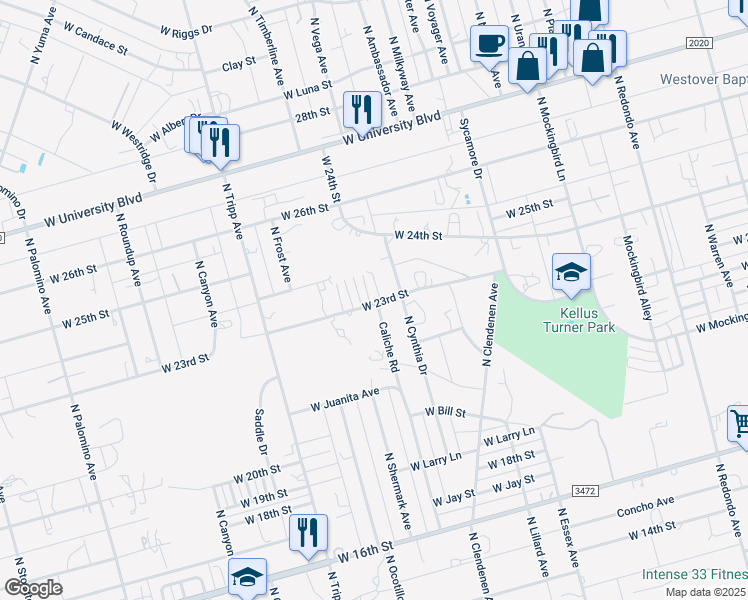 map of restaurants, bars, coffee shops, grocery stores, and more near Caliche Road in Odessa