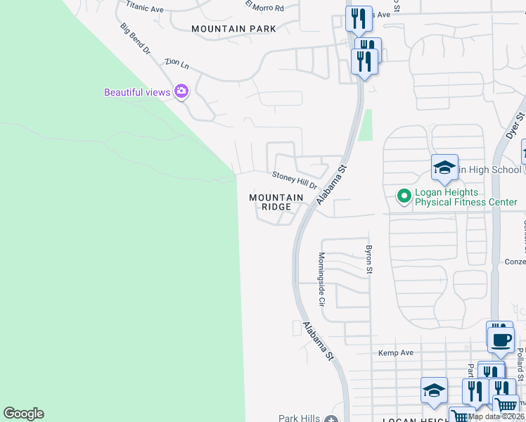 map of restaurants, bars, coffee shops, grocery stores, and more near 6736 Ridge Top Drive in El Paso