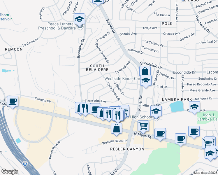 map of restaurants, bars, coffee shops, grocery stores, and more near 7141 Majorca Court in El Paso