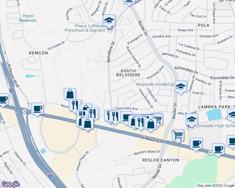 map of restaurants, bars, coffee shops, grocery stores, and more near 217 Vista Rio Circle in El Paso